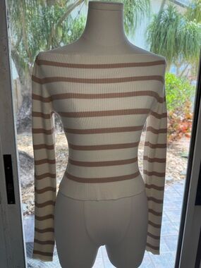 Double Zero Striped Ribbed Top - Cream & Taupe NWOT